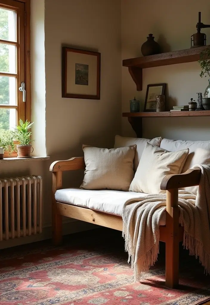 29 Rustic Cabin Living Room Ideas That Feel Warm and Inviting - 17. Create a Cozy Corner with a Bench