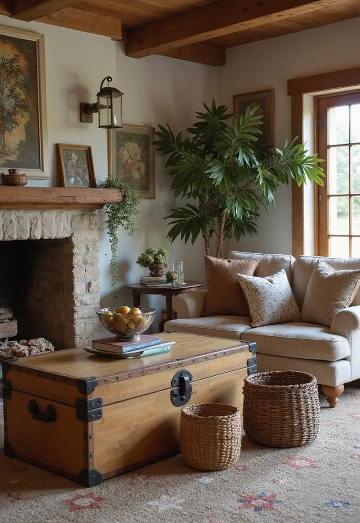 29 Rustic Cabin Living Room Ideas That Feel Warm and Inviting - 21. Use Decorative Trunks and Baskets