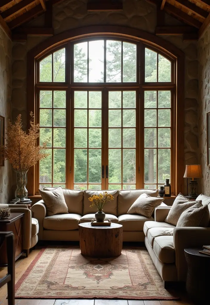 29 Rustic Cabin Living Room Ideas That Feel Warm and Inviting - 22. Highlight a Window View