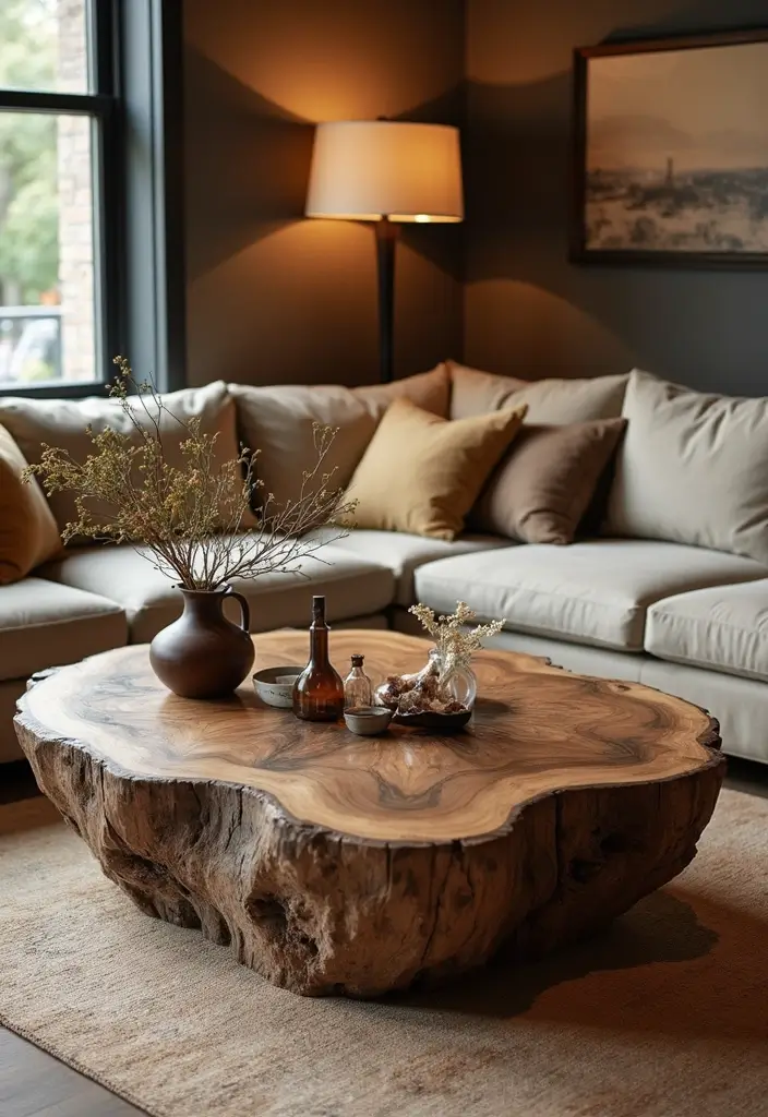 29 Rustic Cabin Living Room Ideas That Feel Warm and Inviting - 23. Introduce a Rustic Coffee Table