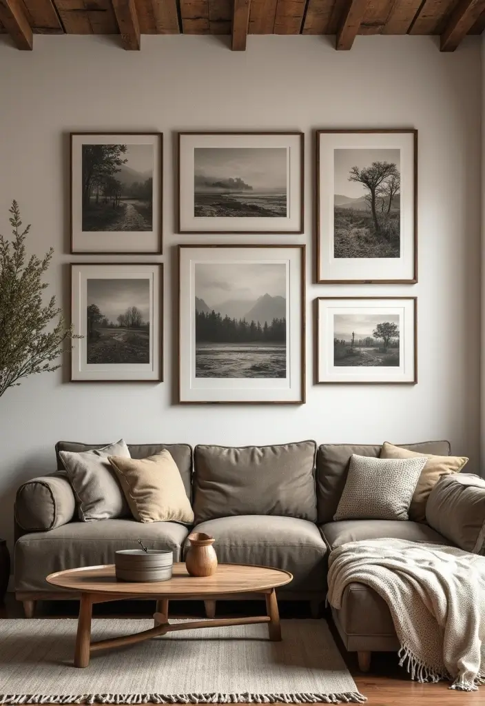 29 Rustic Cabin Living Room Ideas That Feel Warm and Inviting - 24. Create Layers with Wall Art