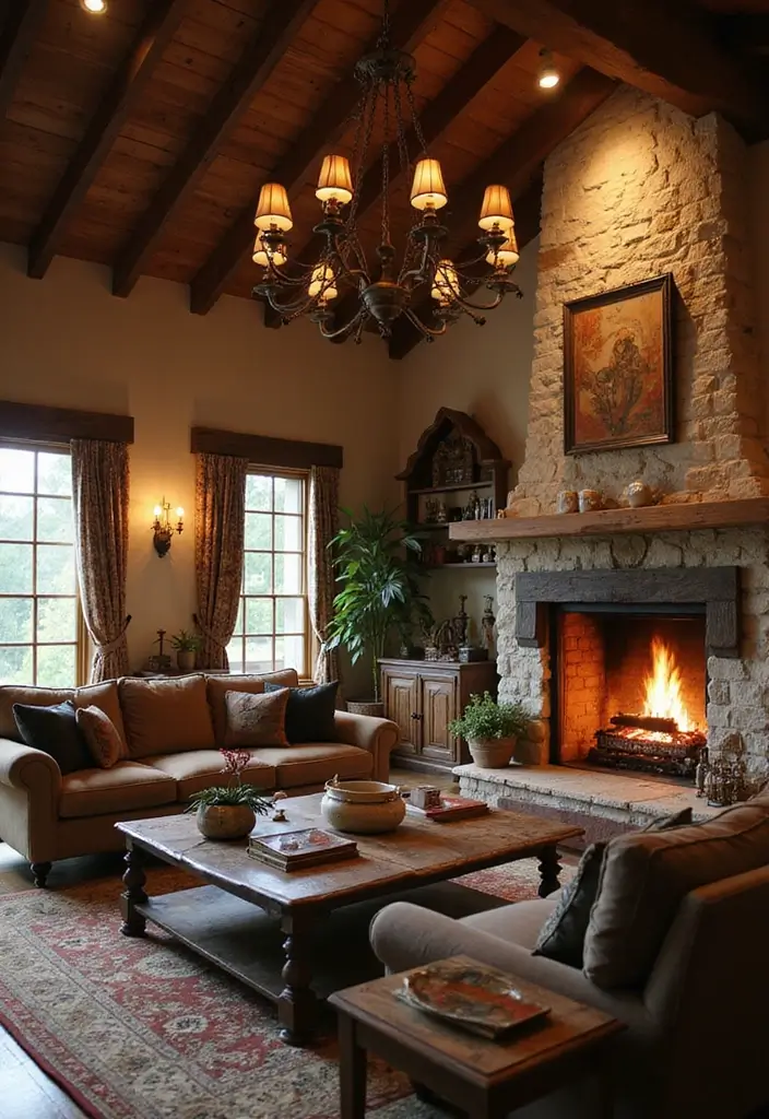 29 Rustic Cabin Living Room Ideas That Feel Warm and Inviting - 26. Use Layered Lighting Techniques