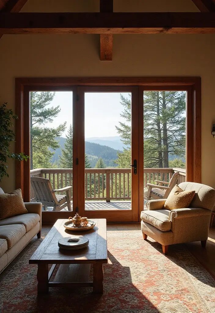 29 Rustic Cabin Living Room Ideas That Feel Warm and Inviting - 29. Celebrate the Outdoors with Large Windows