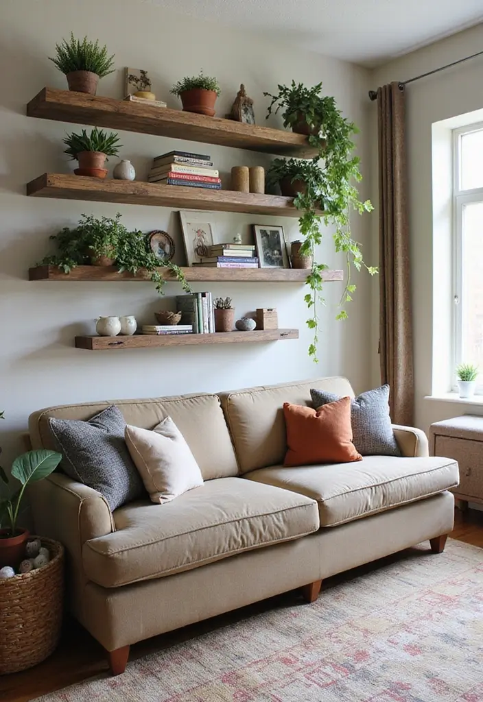 29 Rustic Cabin Living Room Ideas That Feel Warm and Inviting - 8. Install Open Shelving