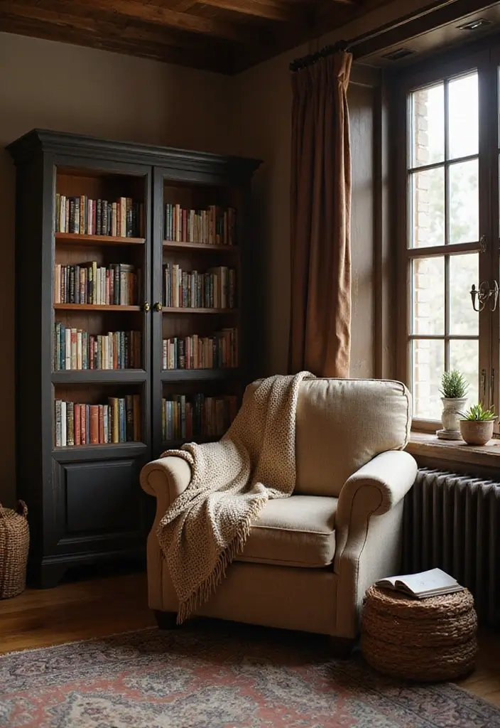 29 Rustic Cabin Living Room Ideas That Feel Warm and Inviting - 9. Create a Cozy Reading Nook