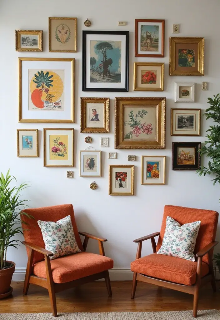 29 Vintage Wall Art Living Room Ideas That Feel Timeless and Elegant - 1. Retro Gallery Wall