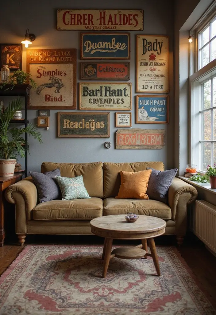 29 Vintage Wall Art Living Room Ideas That Feel Timeless and Elegant - 10. Charming Vintage Signage