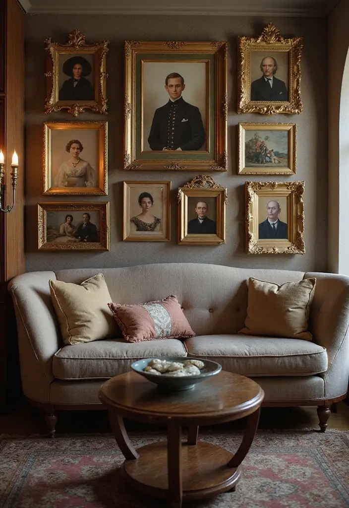 29 Vintage Wall Art Living Room Ideas That Feel Timeless and Elegant - 11. Elegant Framed Portraits