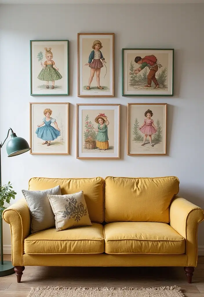 29 Vintage Wall Art Living Room Ideas That Feel Timeless and Elegant - 12. Vintage Children’s Book Illustrations