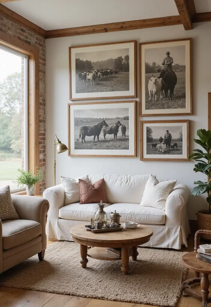 29 Vintage Wall Art Living Room Ideas That Feel Timeless and Elegant - 13. Rustic Farmhouse Art