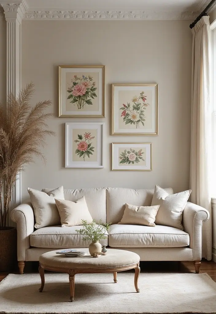 29 Vintage Wall Art Living Room Ideas That Feel Timeless and Elegant - 14. Vintage Floral Prints