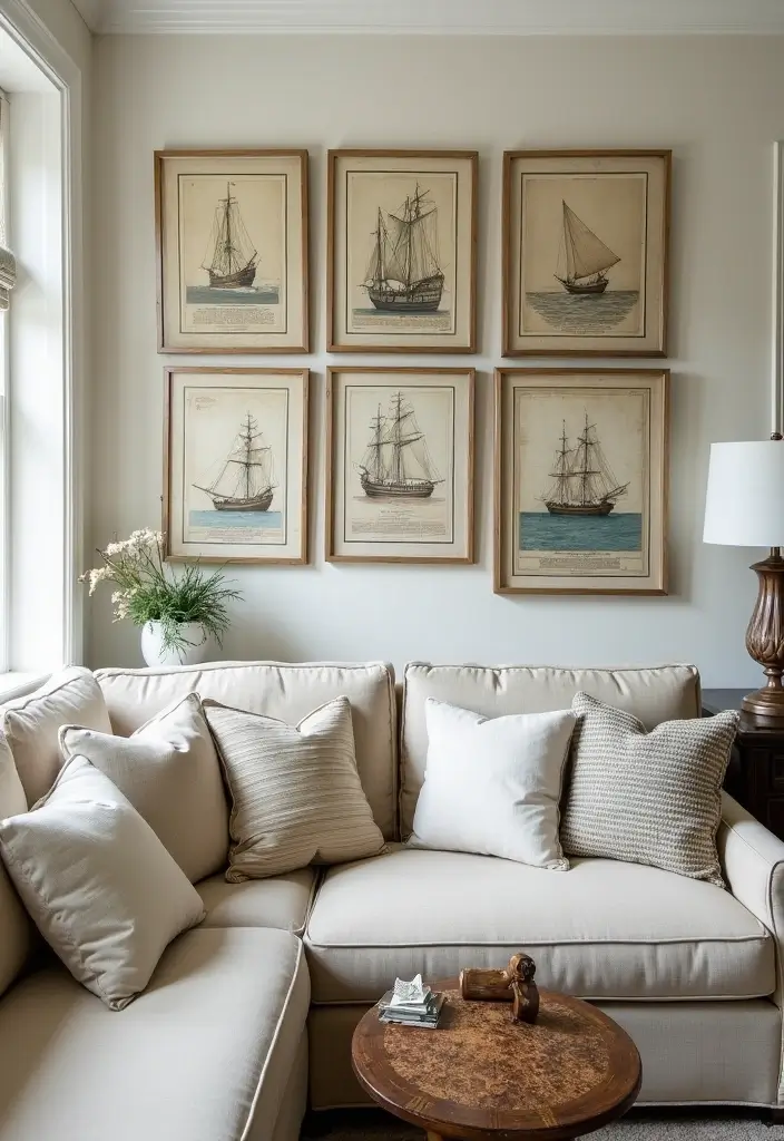 29 Vintage Wall Art Living Room Ideas That Feel Timeless and Elegant - 15. Vintage Nautical Art