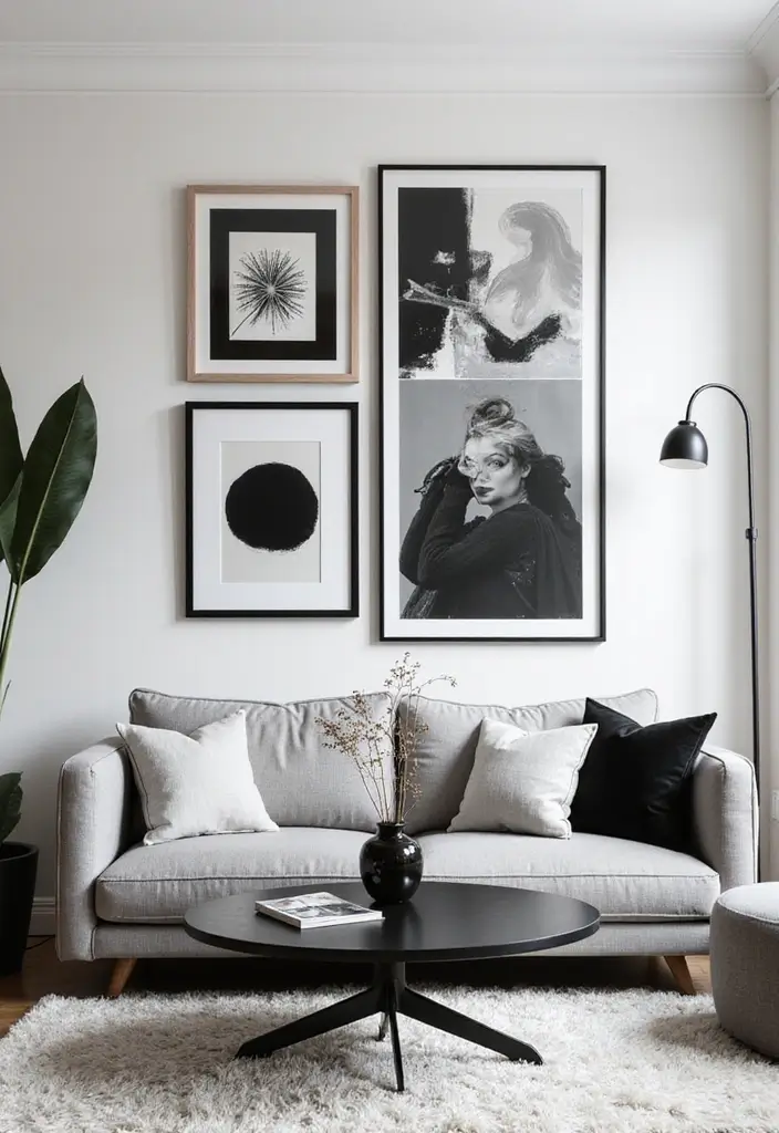 29 Vintage Wall Art Living Room Ideas That Feel Timeless and Elegant - 16. Bold Black and White Art