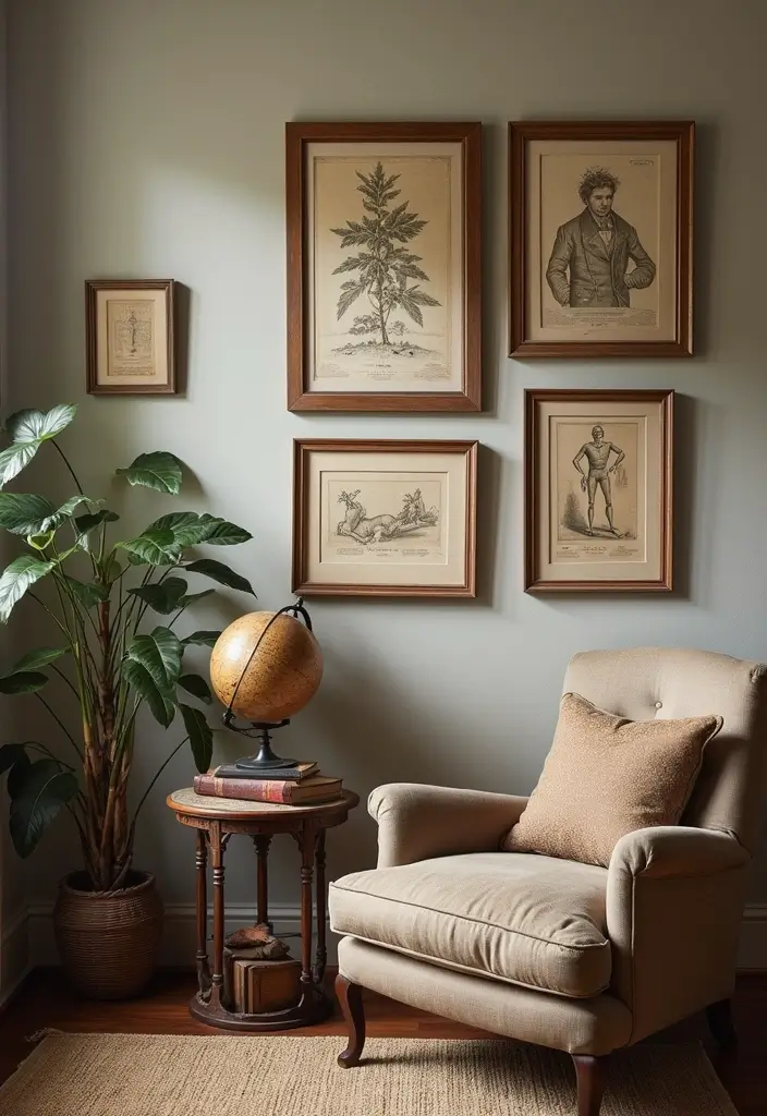 29 Vintage Wall Art Living Room Ideas That Feel Timeless and Elegant - 18. Vintage Scientific Prints