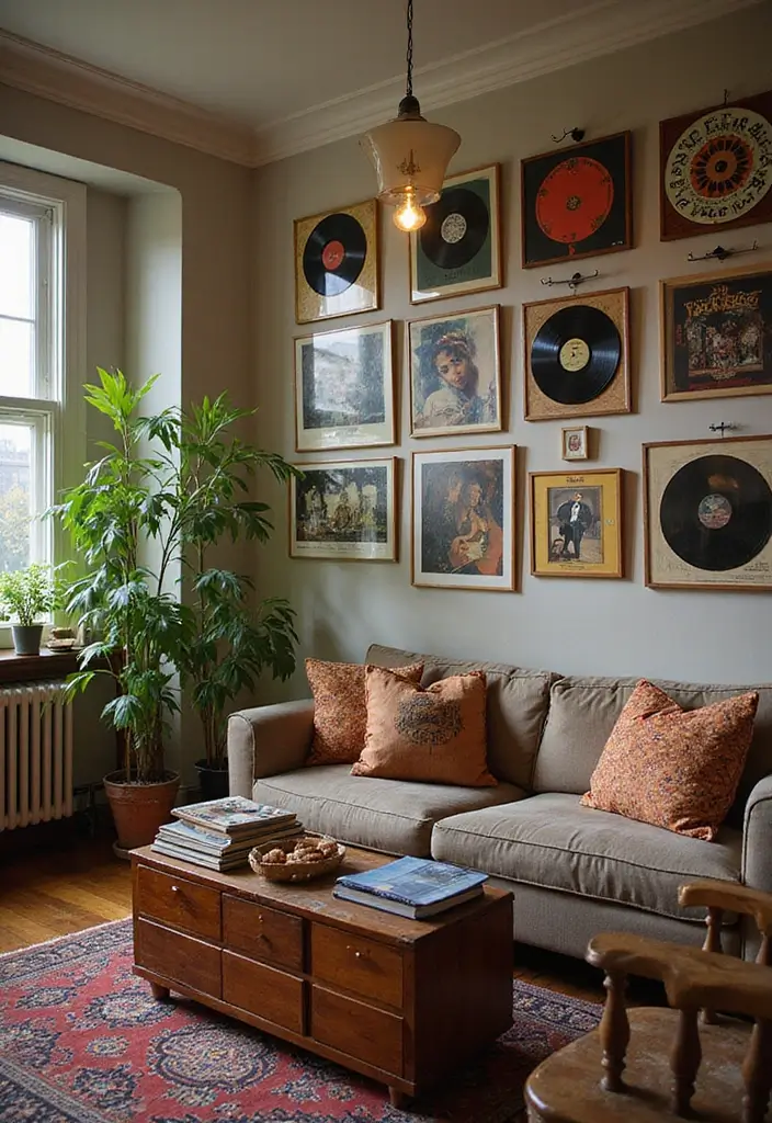 29 Vintage Wall Art Living Room Ideas That Feel Timeless and Elegant - 21. Vintage Records and Album Covers