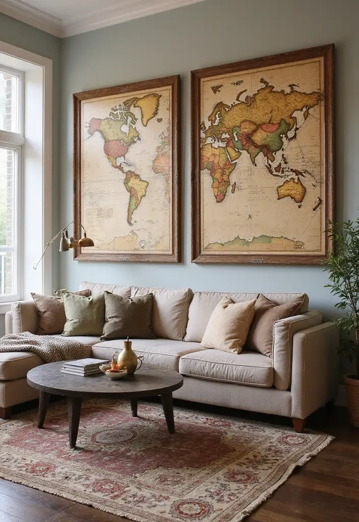 29 Vintage Wall Art Living Room Ideas That Feel Timeless and Elegant - 22. Vintage Maps