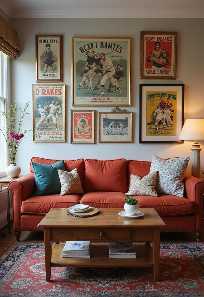 29 Vintage Wall Art Living Room Ideas That Feel Timeless and Elegant - 24. Vintage Sports Posters