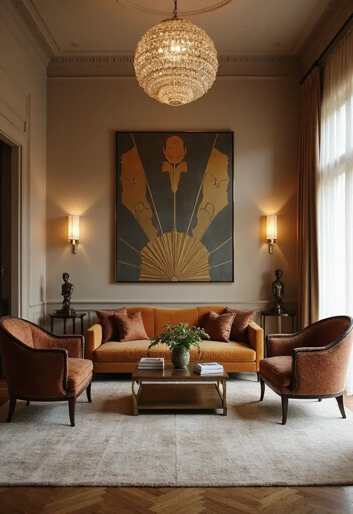29 Vintage Wall Art Living Room Ideas That Feel Timeless and Elegant - 26. Vintage Art Deco Pieces