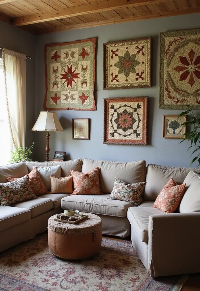29 Vintage Wall Art Living Room Ideas That Feel Timeless and Elegant - 28. Vintage Quilts as Wall Art