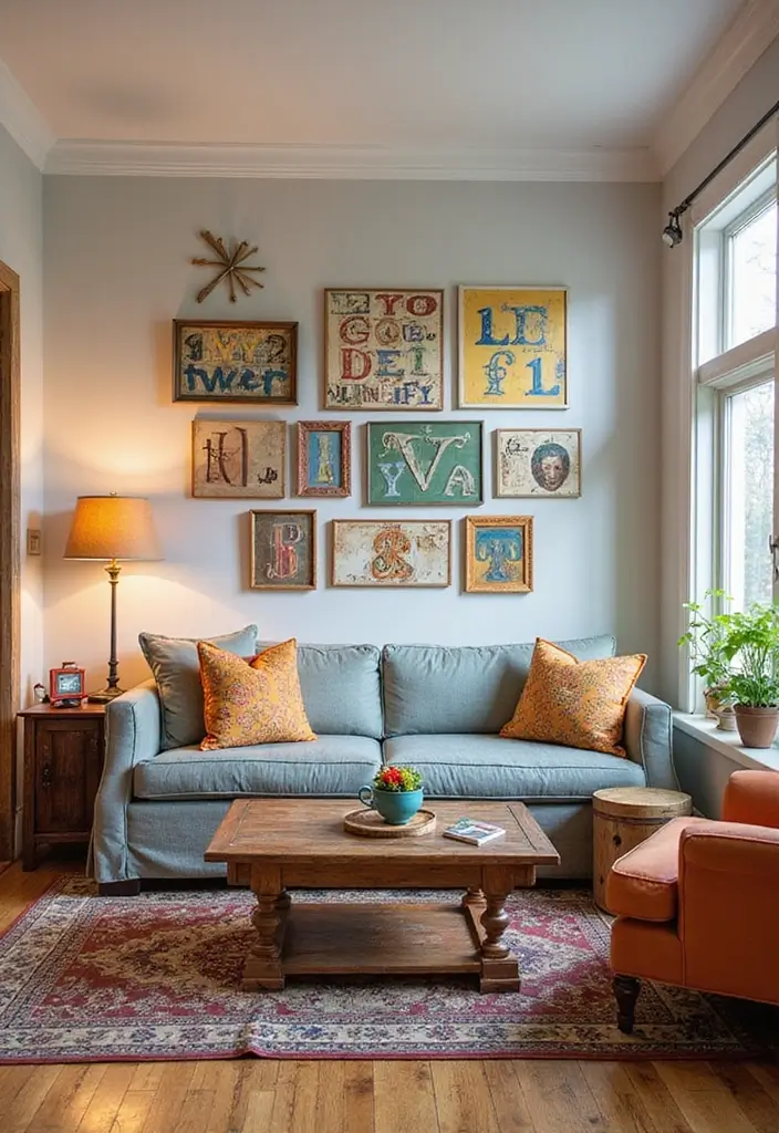 29 Vintage Wall Art Living Room Ideas That Feel Timeless and Elegant - 29. Vintage Letter Art