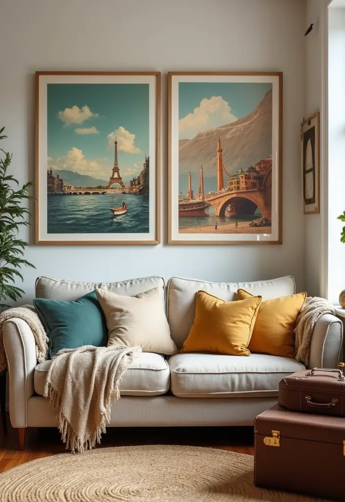 29 Vintage Wall Art Living Room Ideas That Feel Timeless and Elegant - 5. Vintage Travel Posters