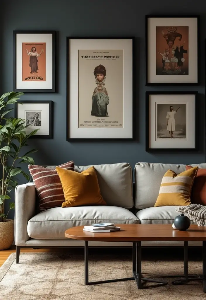 29 Vintage Wall Art Living Room Ideas That Feel Timeless and Elegant - 6. Classic Movie Prints