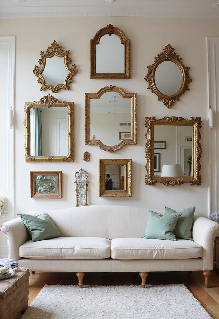 29 Vintage Wall Art Living Room Ideas That Feel Timeless and Elegant - 7. Collage of Vintage Mirrors