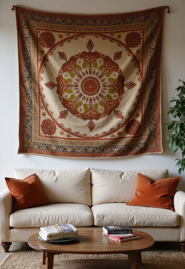 29 Vintage Wall Art Living Room Ideas That Feel Timeless and Elegant - 9. Vintage Textile Wall Art