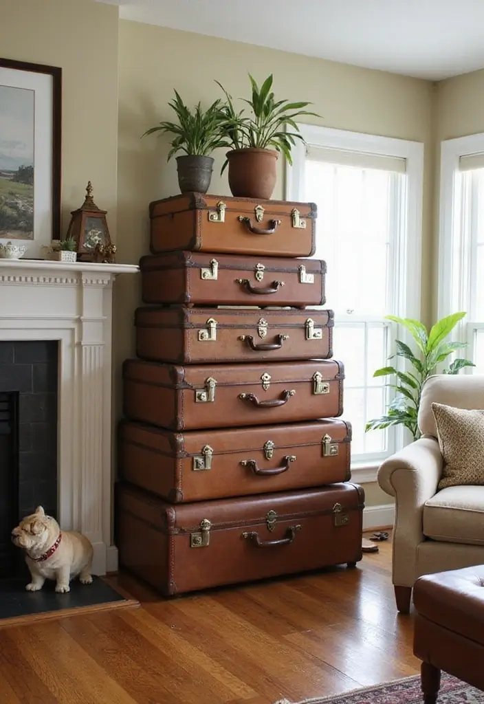 29 Wall Highlight Ideas Living Room That Add Drama and Depth - 19. Vintage Suitcase Displays