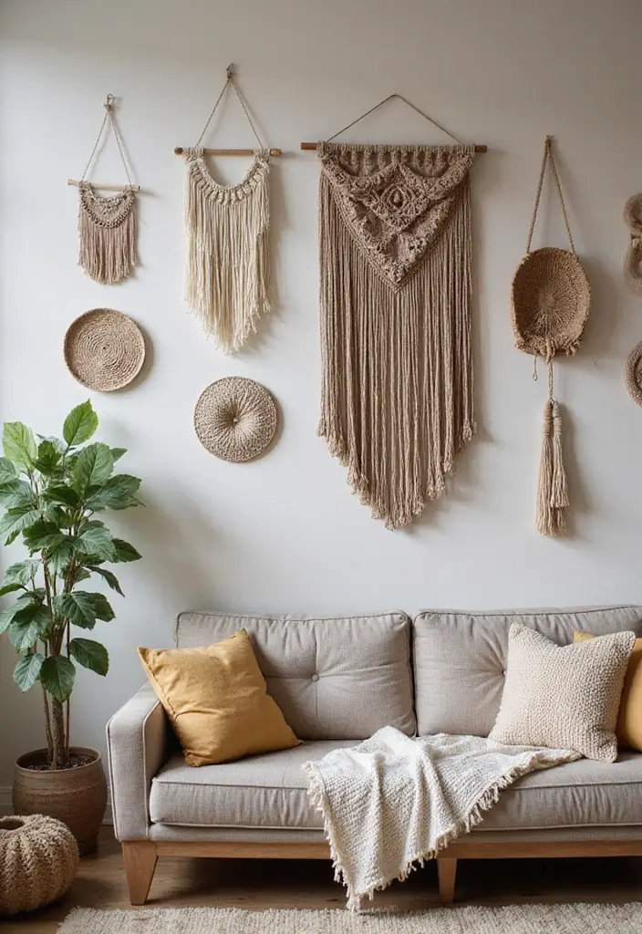 29 Wall Highlight Ideas Living Room That Add Drama and Depth - 20. Bohemian Wall Hangings