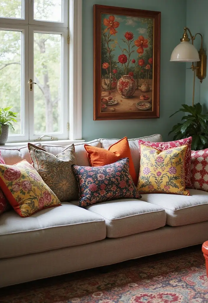 29 Wall Highlight Ideas Living Room That Add Drama and Depth - 21. Artful Pillows