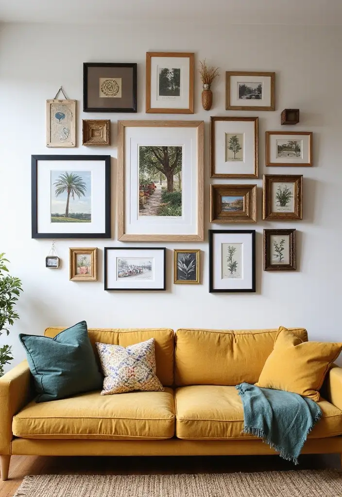 29 Wall Highlight Ideas Living Room That Add Drama and Depth - 26. Creative Wall Art Displays