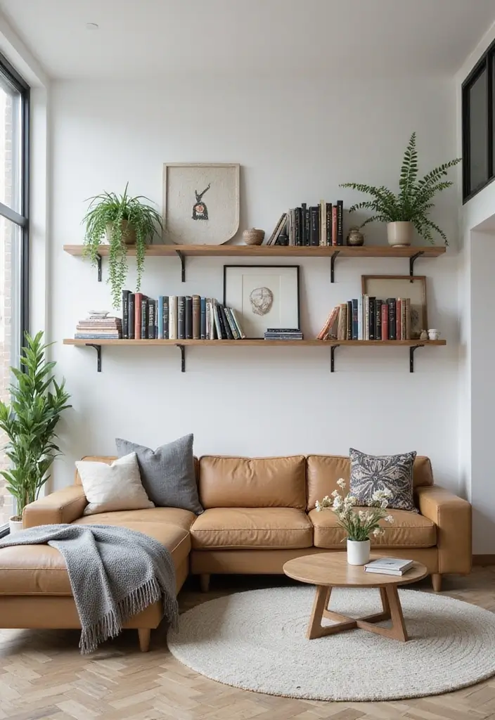 29 Wall Highlight Ideas Living Room That Add Drama and Depth - 6. Floating Shelves
