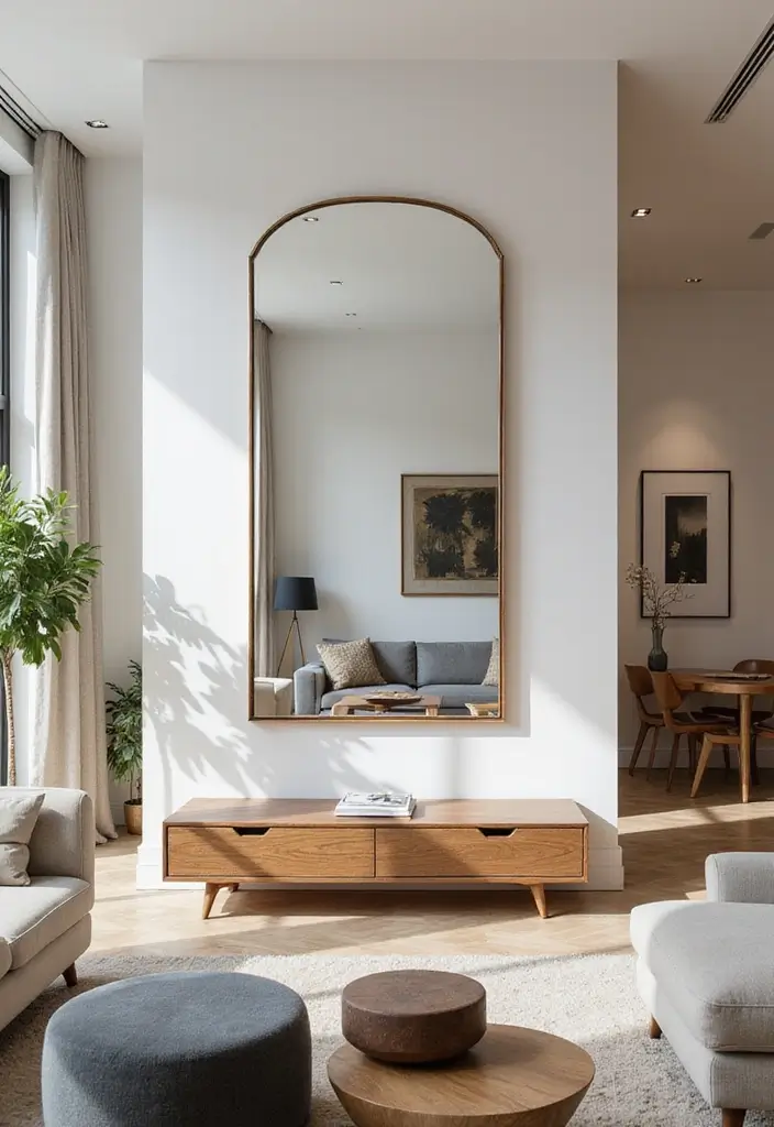 29 Wall Highlight Ideas Living Room That Add Drama and Depth - 7. Mirror Magic