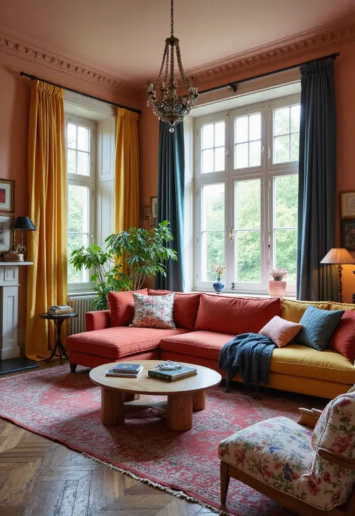 29 Wall Highlight Ideas Living Room That Add Drama and Depth - 8. Eclectic Color Palette