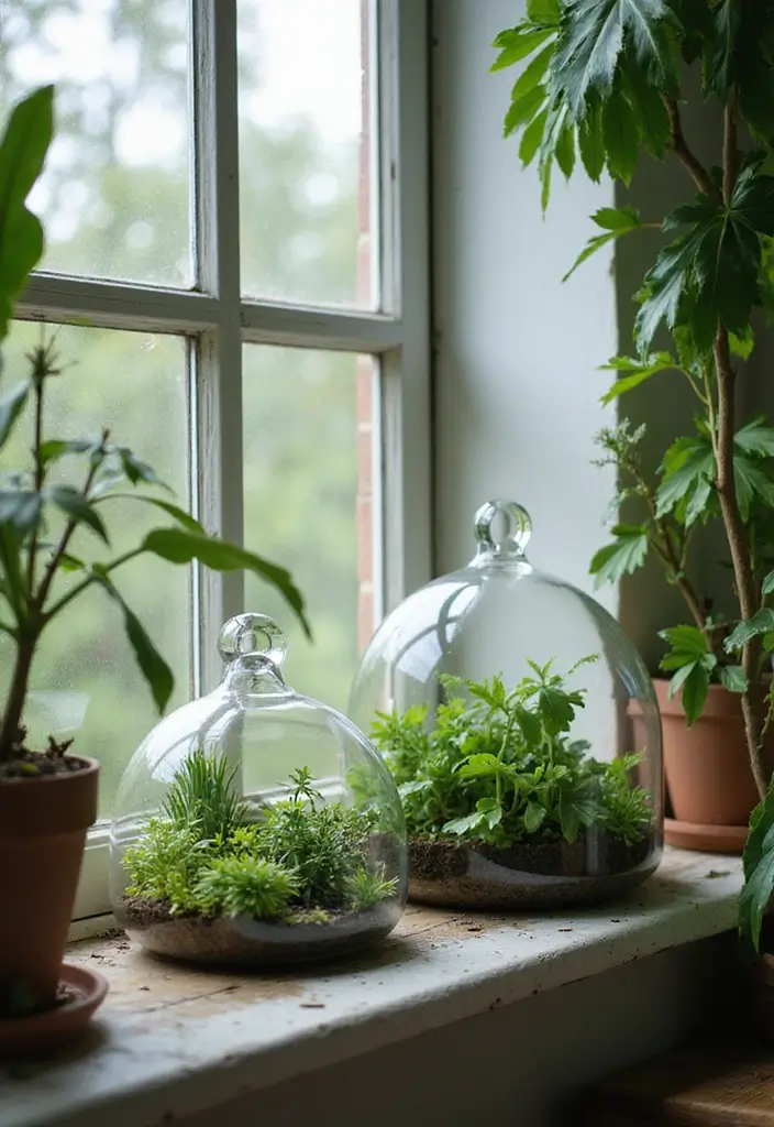 29 Window Sill Decor Living Room Ideas That Feel Charming and Creative - 13. Elegant Glass Terrariums