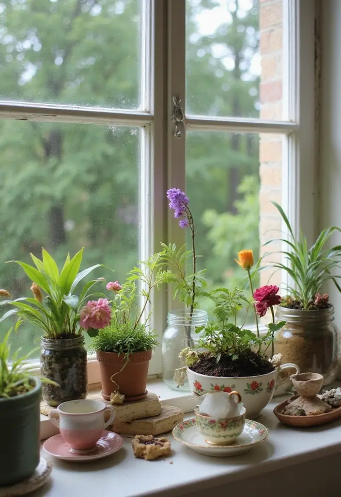 29 Window Sill Decor Living Room Ideas That Feel Charming and Creative - 17. Unique Container Gardens