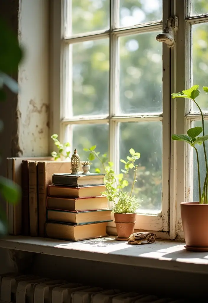 29 Window Sill Decor Living Room Ideas That Feel Charming and Creative - 2. Vintage Books and Trinkets