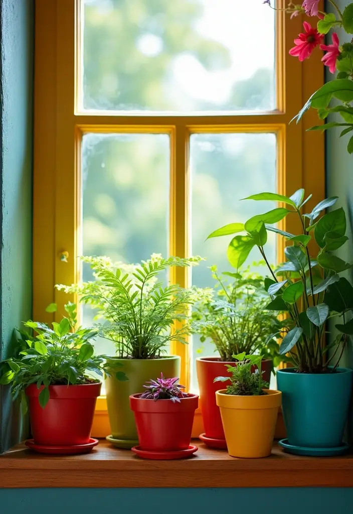 29 Window Sill Decor Living Room Ideas That Feel Charming and Creative - 25. Brightly Colored Pots