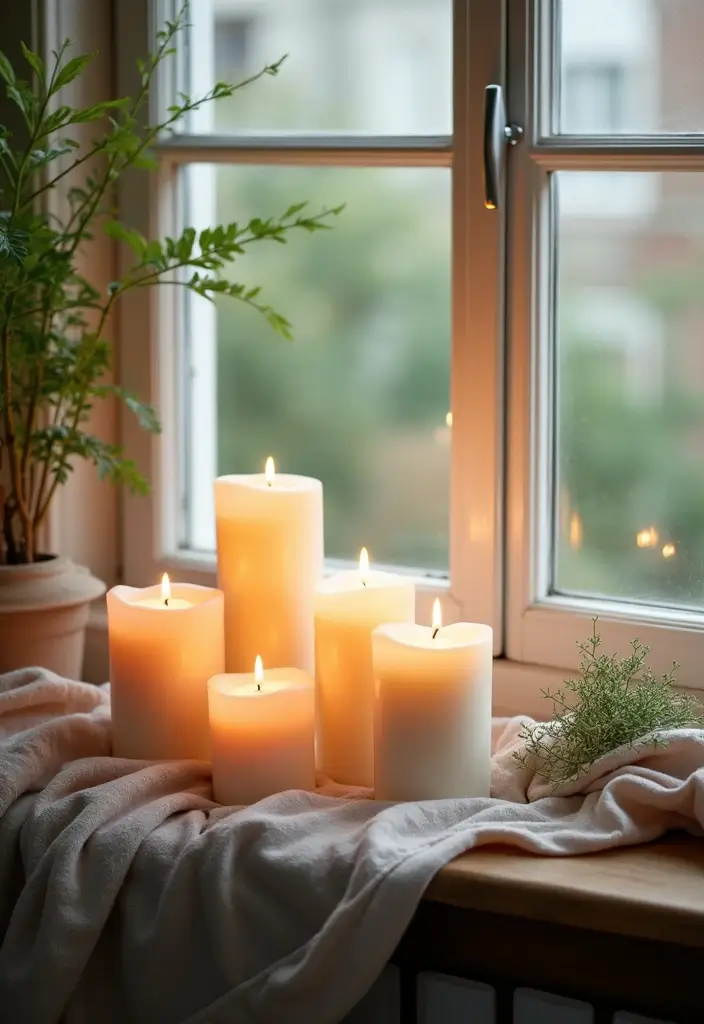 29 Window Sill Decor Living Room Ideas That Feel Charming and Creative - 3. Charming Candle Displays