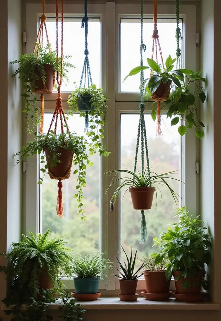 29 Window Sill Decor Living Room Ideas That Feel Charming and Creative - 4. Colorful Macramé Hangers