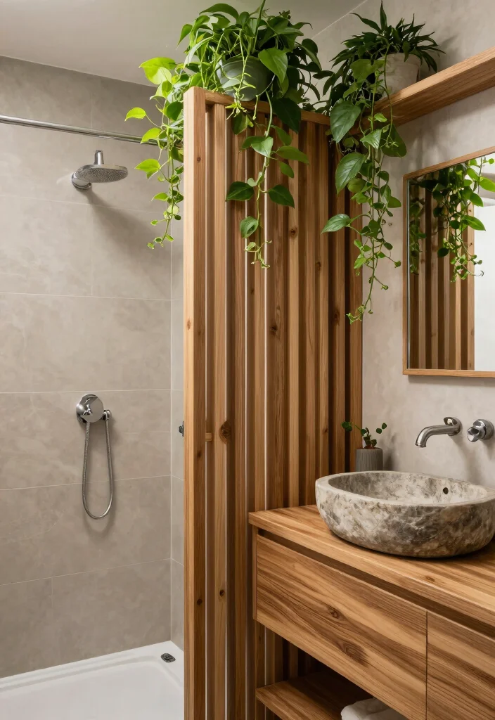 14 Bathroom Dry And Wet Area Partition Ideas For Better Layout - 2. Biophilic Partition with Wood and Plants 1