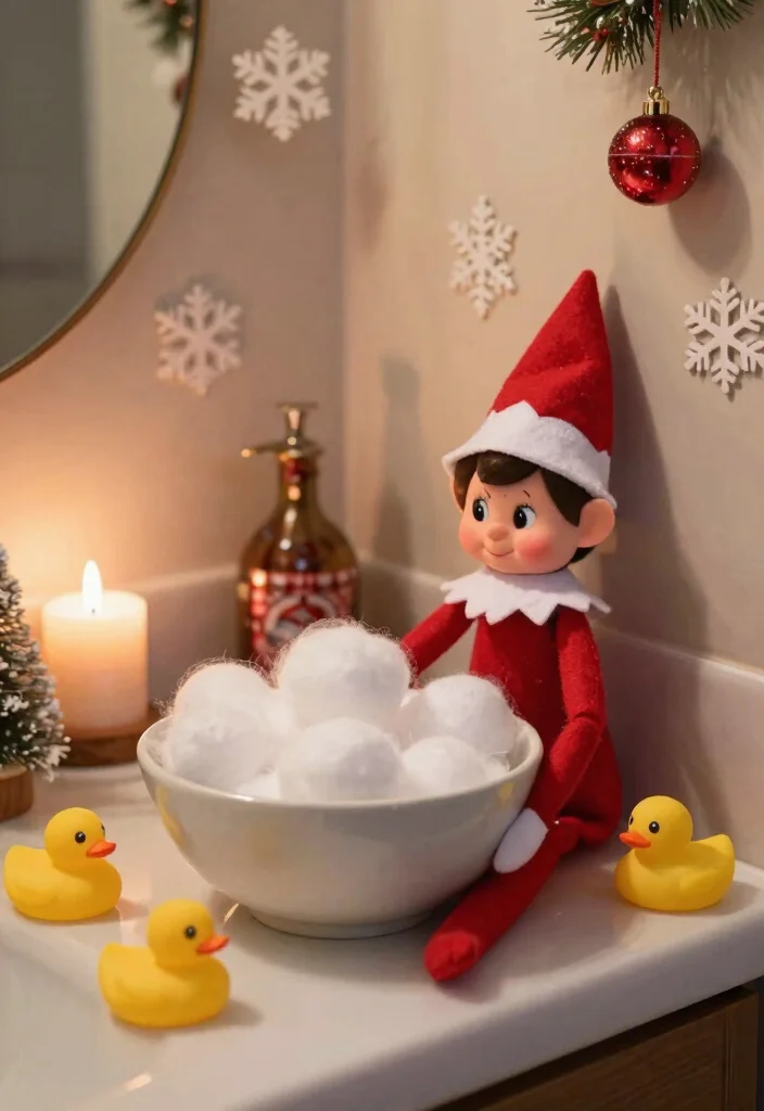 14 Bathroom Elf On The Shelf Ideas That Are Fun And Cute - 1. Bubble Bath Buddy 1