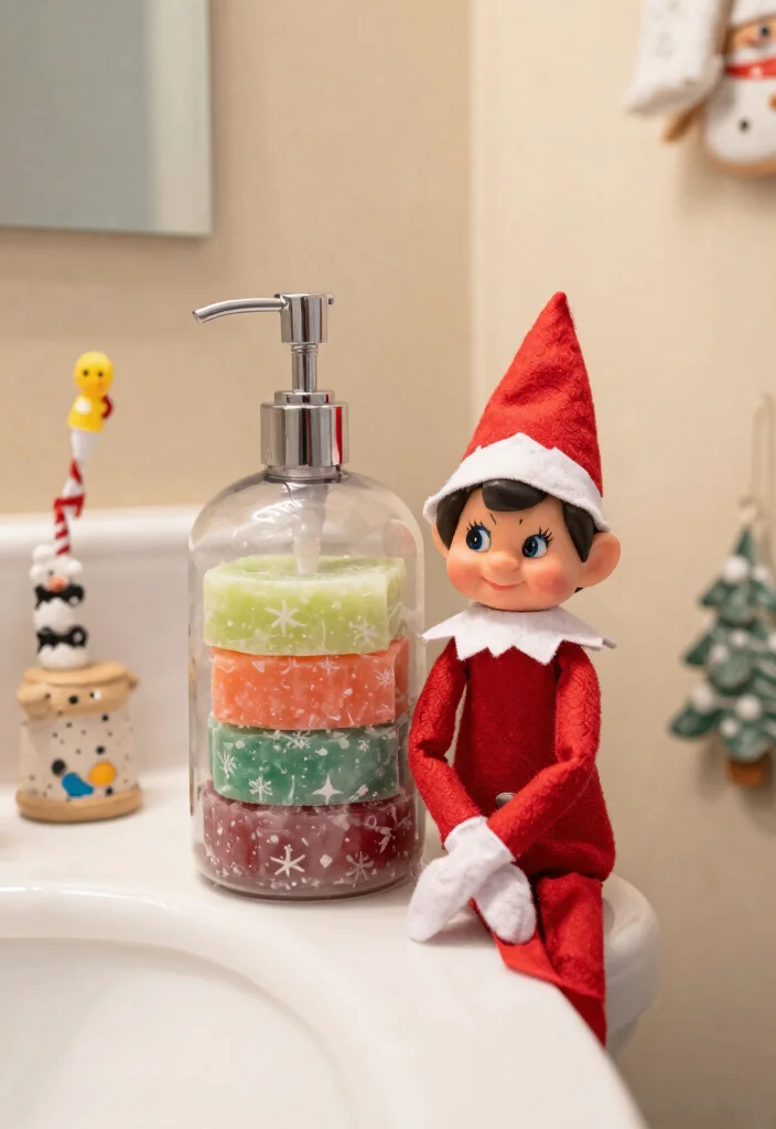 14 Bathroom Elf On The Shelf Ideas That Are Fun And Cute - 10. Elf in the Soap Dispenser 1