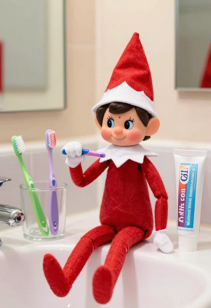 14 Bathroom Elf On The Shelf Ideas That Are Fun And Cute - 11. Elf's Toothbrush Time 1