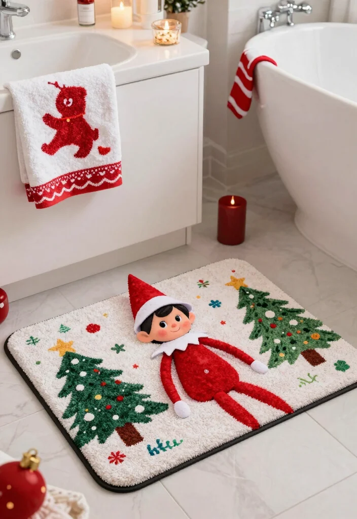 14 Bathroom Elf On The Shelf Ideas That Are Fun And Cute - 13. Elf's Festive Bath Mat 1