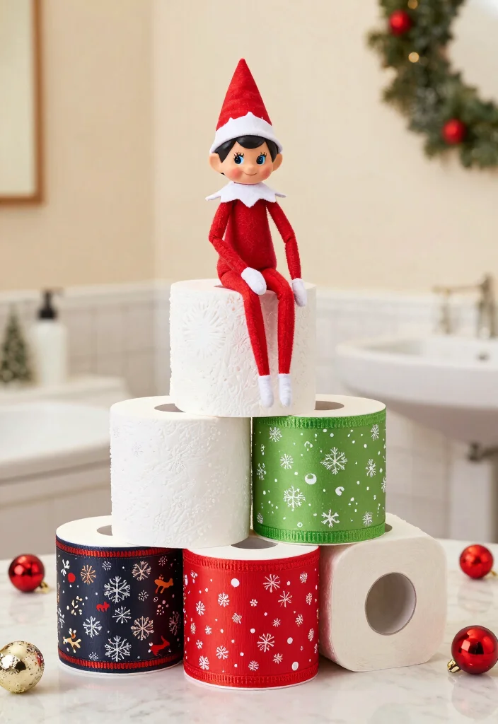 14 Bathroom Elf On The Shelf Ideas That Are Fun And Cute - 2. Holiday Toilet Paper Roll 1