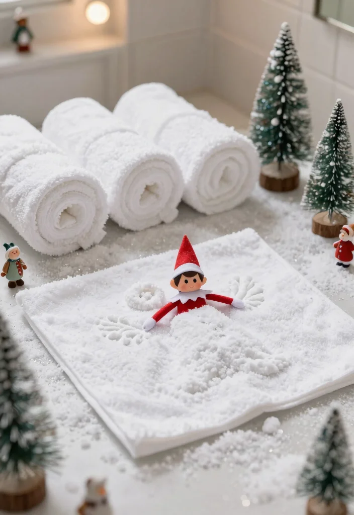 14 Bathroom Elf On The Shelf Ideas That Are Fun And Cute - 3. Snowy Washcloth Scene 1