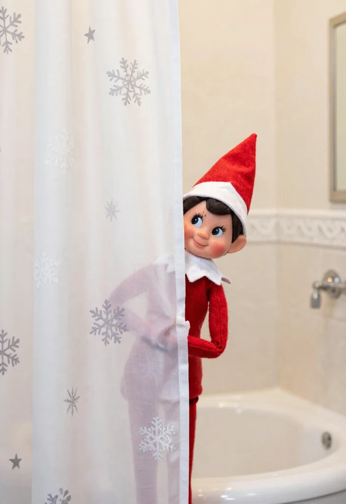 14 Bathroom Elf On The Shelf Ideas That Are Fun And Cute - 5. Shower Curtain Shenanigans 1