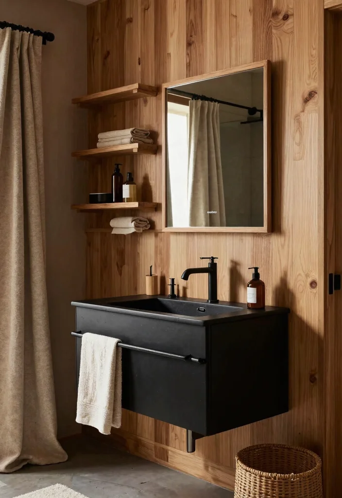 14 Bathroom Ideas With A Black Vanity For Bold Contrast - 12. Warm Wood Accents 1